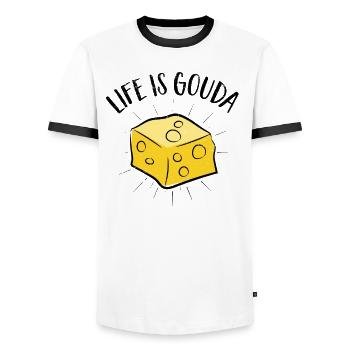 Käsefan Cheese Cheese lover Gouda Hard Cheese - Men's Ringer Shirt - white/black - Front - AI Model Female 172 light (172cm) & AI Model Male 178 dark (178cm)