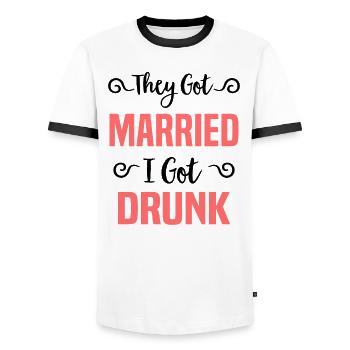 JGA Wedding Marriage Jungesellenabschied Party - Men's Ringer Shirt - white/black - Front - AI Model Female 172 light (172cm) & AI Model Male 178 dark (178cm)