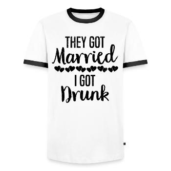 JGA Wedding Marriage Jungesellenabschied Party - Men's Ringer Shirt - white/black - Front - AI Model Female 172 light (172cm) & AI Model Male 178 dark (178cm)