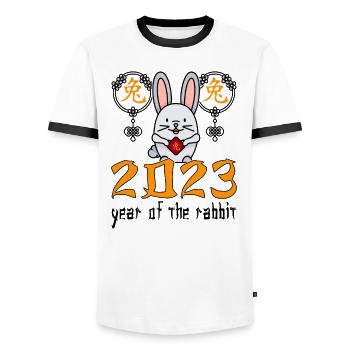 Chinese Rabbit Character New Year 2023 - Men's Ringer Shirt - white/black - Front - AI Model Female 172 light (172cm) & AI Model Male 178 dark (178cm)