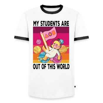 Enseignante au primaire Éducatrice de maternelle - T-shirt contrasté Homme - blanc/noir - Devant - AI Model Female 172 light (172cm) & AI Model Male 178 dark (178cm)