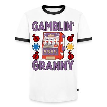 Casino Gambling Slot Machine Card Game - Men's Ringer Shirt - white/black - Front - AI Model Female 172 light (172cm) & AI Model Male 178 dark (178cm)