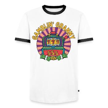 Casino Gambling Slot Machine Card Game - Men's Ringer Shirt - white/black - Front - AI Model Female 172 light (172cm) & AI Model Male 178 dark (178cm)