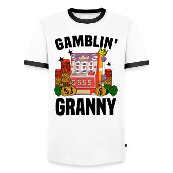 Casino Gambling Slot Machine Card Game - Men's Ringer Shirt - white/black - Front - AI Model Female 172 light (172cm) & AI Model Male 178 dark (178cm)
