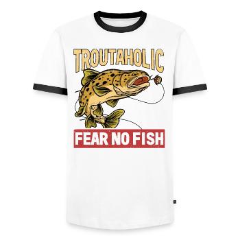 Fishing, Trout, Salmon, Fisherman, Angler, Perch - Men's Ringer Shirt - white/black - Front - AI Model Female 172 light (172cm) & AI Model Male 178 dark (178cm)
