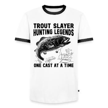 Fishing, Trout, Salmon, Fisherman, Angler, Perch - Men's Ringer Shirt - white/black - Front - AI Model Female 172 light (172cm) & AI Model Male 178 dark (178cm)