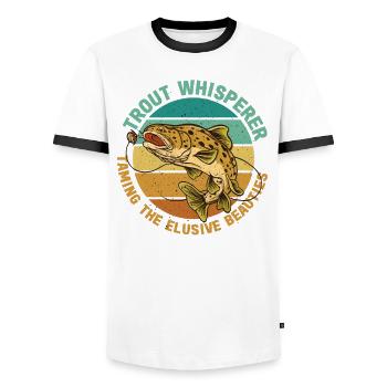 Fishing, Trout, Salmon, Fisherman, Angler, Perch - Men's Ringer Shirt - white/black - Front - AI Model Female 172 light (172cm) & AI Model Male 178 dark (178cm)