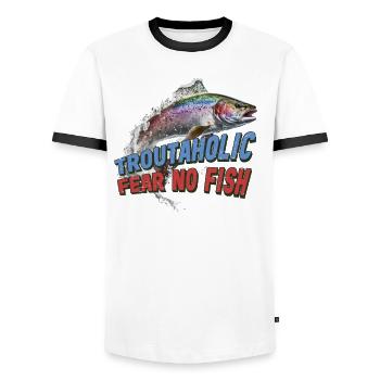 Fishing, Trout, Salmon, Fisherman, Angler, Perch - Men's Ringer Shirt - white/black - Front - AI Model Female 172 light (172cm) & AI Model Male 178 dark (178cm)