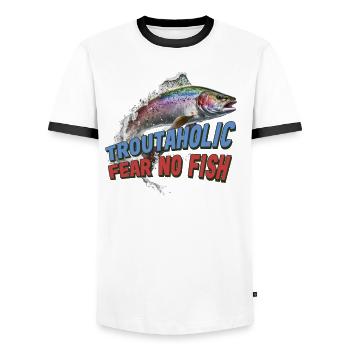 Fishing, Trout, Salmon, Fisherman, Angler, Perch - Men's Ringer Shirt - white/black - Front - AI Model Female 172 light (172cm) & AI Model Male 178 dark (178cm)