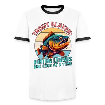 Fishing, Trout, Salmon, Fisherman, Angler, Perch - Men's Ringer Shirt - white/black - Front - AI Model Female 172 light (172cm) & AI Model Male 178 dark (178cm)