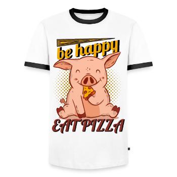 Happy Pig Eats Pizza Illustration - Men's Ringer Shirt - white/black - Front - AI Model Female 172 light (172cm) & AI Model Male 178 dark (178cm)
