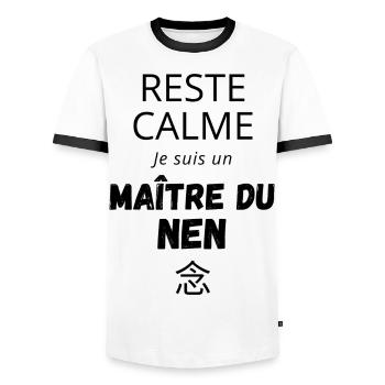 Remain Calm Master of the NEN - Anime Manga - Men's Ringer Shirt - white/black - Front - AI Model Female 172 light (172cm) & AI Model Male 178 dark (178cm)