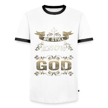 Jesus Christ Psalm 46:10 Know that I am God - Men's Ringer Shirt - white/black - Front - AI Model Female 172 light (172cm) & AI Model Male 178 dark (178cm)
