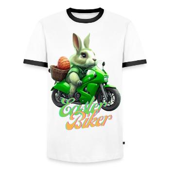 Easter Biker - The Easter Bunny becomes a biker - Men's Ringer Shirt - white/black - Front - AI Model Female 172 light (172cm) & AI Model Male 178 dark (178cm)