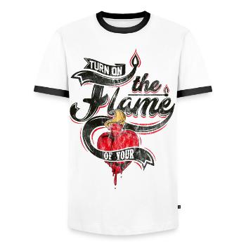 FLAMES HEART - Romantic Heartfelt Gift - Men's Ringer Shirt - white/black - Front - AI Model Female 172 light (172cm) & AI Model Male 178 dark (178cm)