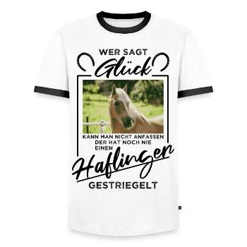 Haflinger Horse "Happiness" - Men's Ringer Shirt - white/black - Front - AI Model Female 172 light (172cm) & AI Model Male 178 dark (178cm)