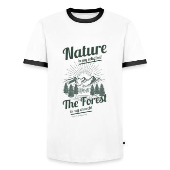 La nature est ma religion cadeau randonnée tshirt forêt - T-shirt contrasté Homme - blanc/noir - Devant - AI Model Female 172 light (172cm) & AI Model Male 178 dark (178cm)