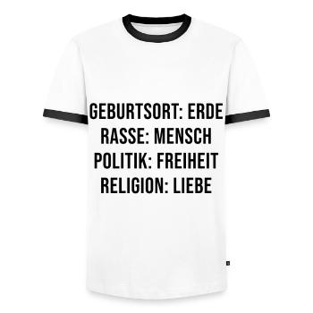 Geburtsort Erde. Rasse Mensch. Politik Freiheit. - Männer Kontrast-T-Shirt - Weiß/Schwarz - Vorne - AI Model Female 172 light (172cm) & AI Model Male 178 dark (178cm)
