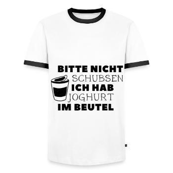bitte nicht schubsen ich hab joghurt im beutel - Männer Kontrast-T-Shirt - Weiß/Schwarz - Vorne - AI Model Female 172 light (172cm) & AI Model Male 178 dark (178cm)