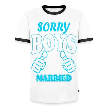 I marry sorry guys JGA gift idea - Men's Ringer Shirt - white/black - Front - AI Model Female 172 light (172cm) & AI Model Male 178 dark (178cm)