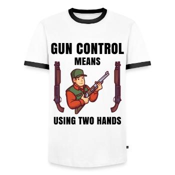 le contrôle des armes à feu signifie à l'aide de deux mains - T-shirt contrasté Homme - blanc/noir - Devant - AI Model Female 172 light (172cm) & AI Model Male 178 dark (178cm)