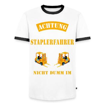 Achtung wahnsinniger Staplerfahrer Geschenkidee - Männer Kontrast-T-Shirt - Weiß/Schwarz - Vorne - AI Model Female 172 light (172cm) & AI Model Male 178 dark (178cm)