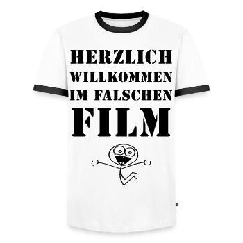 Herzlich willkommen im falschen Film Geschenkidee - Männer Kontrast-T-Shirt - Weiß/Schwarz - Vorne - AI Model Female 172 light (172cm) & AI Model Male 178 dark (178cm)