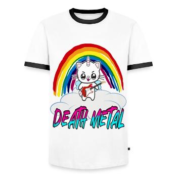 Death metal unicorn cat with guitar - Men's Ringer Shirt - white/black - Front - AI Model Female 172 light (172cm) & AI Model Male 178 dark (178cm)