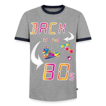 Retour aux années 80 - T-shirt contrasté Homme - gris/marine  - Devant - AI Model Female 172 light (172cm) & AI Model Male 178 light (178cm)