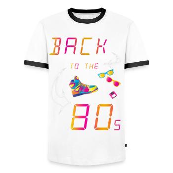 Back to the 80's - Men's Ringer Shirt - white/black - Front - AI Model Female 172 light (172cm) & AI Model Male 178 dark (178cm)
