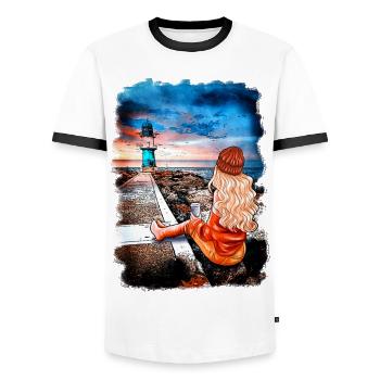 Leuchtturm Warnemünde Illustration Blondine - Männer Kontrast-T-Shirt - Weiß/Schwarz - Vorne - AI Model Female 172 light (172cm) & AI Model Male 178 dark (178cm)