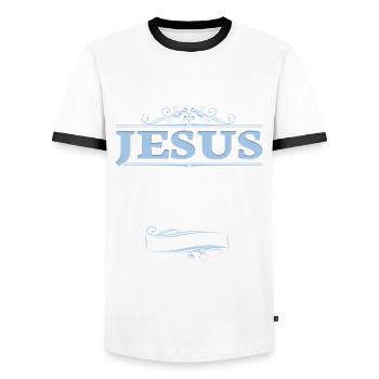 Jesus Christus kommt bald. Bist du bereit? - Männer Kontrast-T-Shirt - Weiß/Schwarz - Vorne - AI Model Female 172 light (172cm) & AI Model Male 178 dark (178cm)