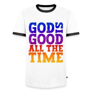 Jesus Christus Shirt - God is good all the Time 01 - Männer Kontrast-T-Shirt - Weiß/Schwarz - Vorne - AI Model Female 172 light (172cm) & AI Model Male 178 dark (178cm)
