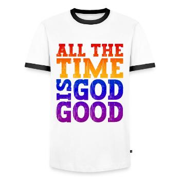 Jesus Christus Shirt - God is good all the Time 02 - Männer Kontrast-T-Shirt - Weiß/Schwarz - Vorne - AI Model Female 172 light (172cm) & AI Model Male 178 dark (178cm)