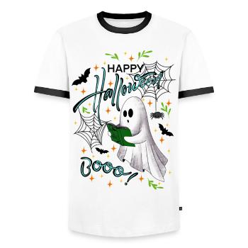 Joyeux fantôme d’Halloween - T-shirt contrasté Homme - blanc/noir - Devant - AI Model Female 172 light (172cm) & AI Model Male 178 dark (178cm)