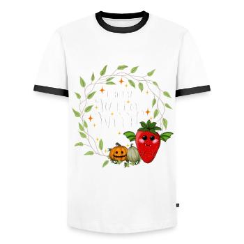 Joyeux Halloween fraise blanc - T-shirt contrasté Homme - blanc/noir - Devant - AI Model Female 172 light (172cm) & AI Model Male 178 dark (178cm)