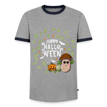 Happy Halloween Brown Cap Mushroom White - Men's Ringer Shirt - grey/navy  - Front - AI Model Female 172 light (172cm) & AI Model Male 178 light (178cm)