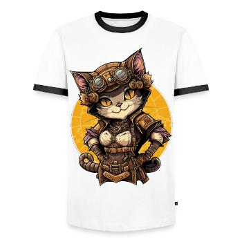 Steampunk Katze - Männer Kontrast-T-Shirt - Weiß/Schwarz - Vorne - AI Model Female 172 light (172cm) & AI Model Male 178 dark (178cm)