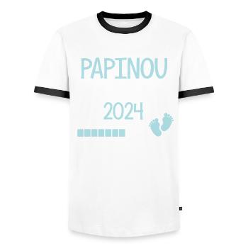 Papinou en 2024 Cadeau Futur Papy - T-shirt contrasté Homme - blanc/noir - Devant - AI Model Female 172 light (172cm) & AI Model Male 178 dark (178cm)