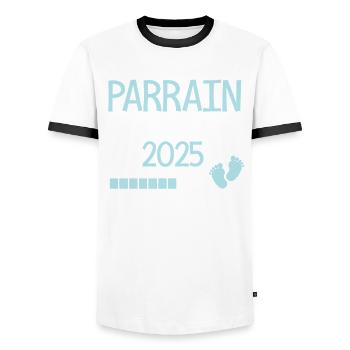 Parrain en 2025 Cadeau Annonce de grossesse humour - T-shirt contrasté Homme - blanc/noir - Devant - AI Model Female 172 light (172cm) & AI Model Male 178 dark (178cm)