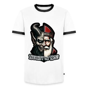 "Frecher oder netter Weihnachtsmann mit zwei Gesichtern VS Krampus - Männer Kontrast-T-Shirt - Weiß/Schwarz - Vorne - AI Model Female 172 light (172cm) & AI Model Male 178 dark (178cm)