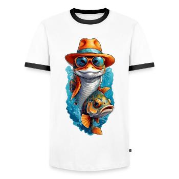 Drôle de poisson carpe koï avec lunettes de soleil et chapeau - T-shirt contrasté Homme - blanc/noir - Devant - AI Model Female 172 light (172cm) & AI Model Male 178 dark (178cm)