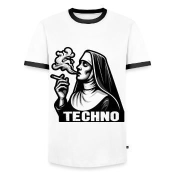 Renaissance Beats: Smoking Nun Techno Tee - Men's Ringer Shirt - white/black - Front - AI Model Female 172 light (172cm) & AI Model Male 178 dark (178cm)