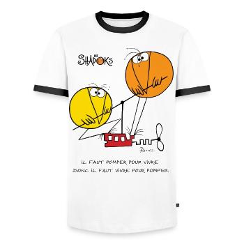 Shadoks pump - Men's Ringer Shirt - white/black - Front - AI Model Female 172 light (172cm) & AI Model Male 178 dark (178cm)
