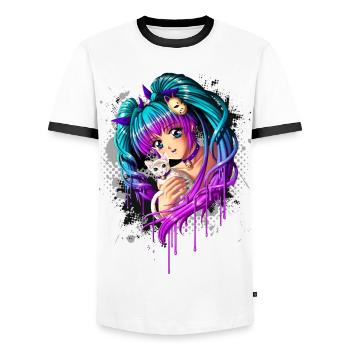 Kitten and Pigtail Manga Girl - Men's Ringer Shirt - white/black - Front - AI Model Female 172 light (172cm) & AI Model Male 178 dark (178cm)