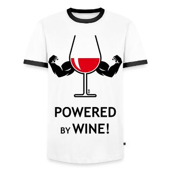 Powered By Wine! (Claret / Muscles / Open / 2C) - Men's Ringer Shirt - white/black - Front - AI Model Female 172 light (172cm) & AI Model Male 178 dark (178cm)