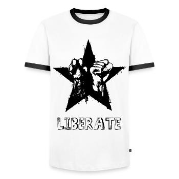 LIBERATE Hoodie & T-Shirt – Freedom, Rebellion & - Men's Ringer Shirt - white/black - Front - AI Model Female 172 light (172cm) & AI Model Male 178 dark (178cm)