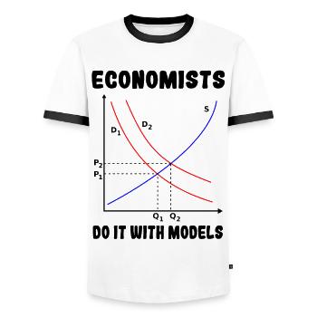 Ökonomen machen es mit Modellen # - Männer Kontrast-T-Shirt - Weiß/Schwarz - Vorne - AI Model Female 172 light (172cm) & AI Model Male 178 dark (178cm)