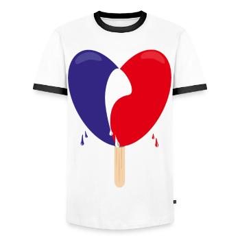 Flagge von Frankreich mit Herz. - Männer Kontrast-T-Shirt - Weiß/Schwarz - Vorne - AI Model Female 172 light (172cm) & AI Model Male 178 dark (178cm)