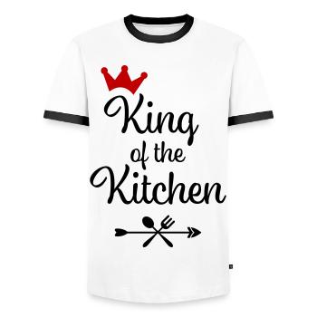 Tablier de cuisine pour homme - T-shirt contrasté Homme - blanc/noir - Devant - AI Model Female 172 light (172cm) & AI Model Male 178 dark (178cm)